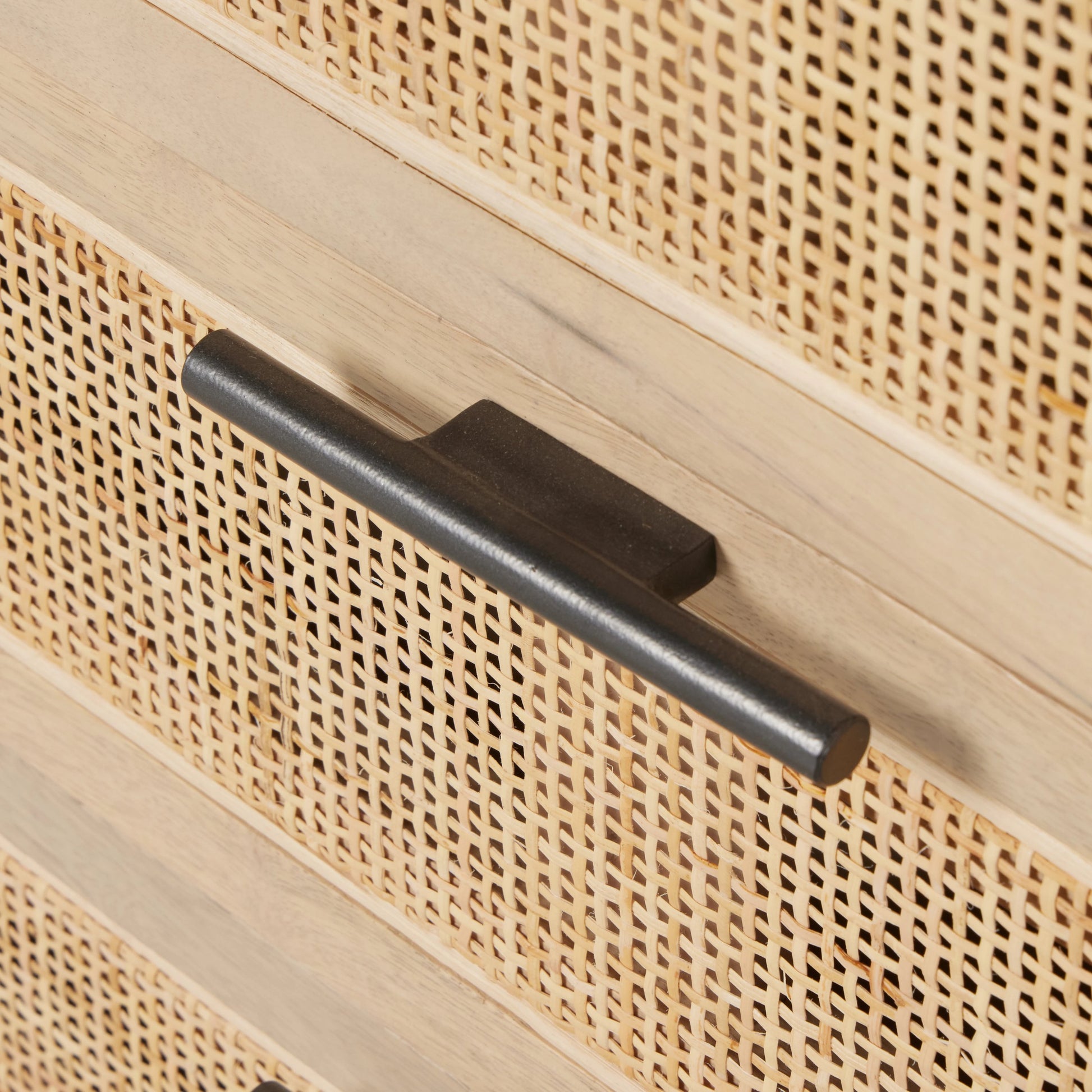 Caprice 96" Sideboard by Four Hands in natural mango. Made from solid mango, iron, cane in a modern style.