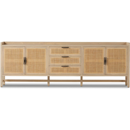 Caprice 96" Sideboard by Four Hands in natural mango. Made from solid mango, iron, cane in a modern style.