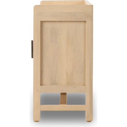 Caprice 96" Sideboard by Four Hands in natural mango. Made from solid mango, iron, cane in a modern style.