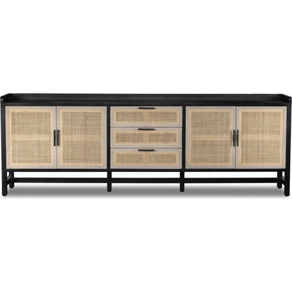 Caprice Sideboard by Four Hands in black wash mango, natural cane. Made from solid mango, cane in a coastal style.