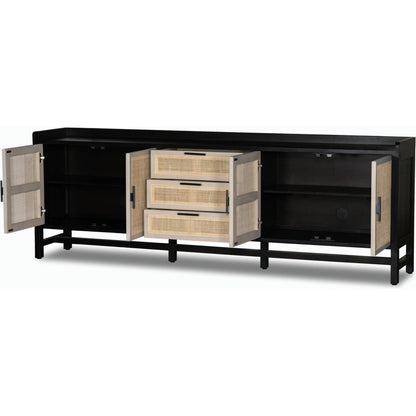 Caprice Sideboard by Four Hands in black wash mango, natural cane. Made from solid mango, cane in a coastal style.