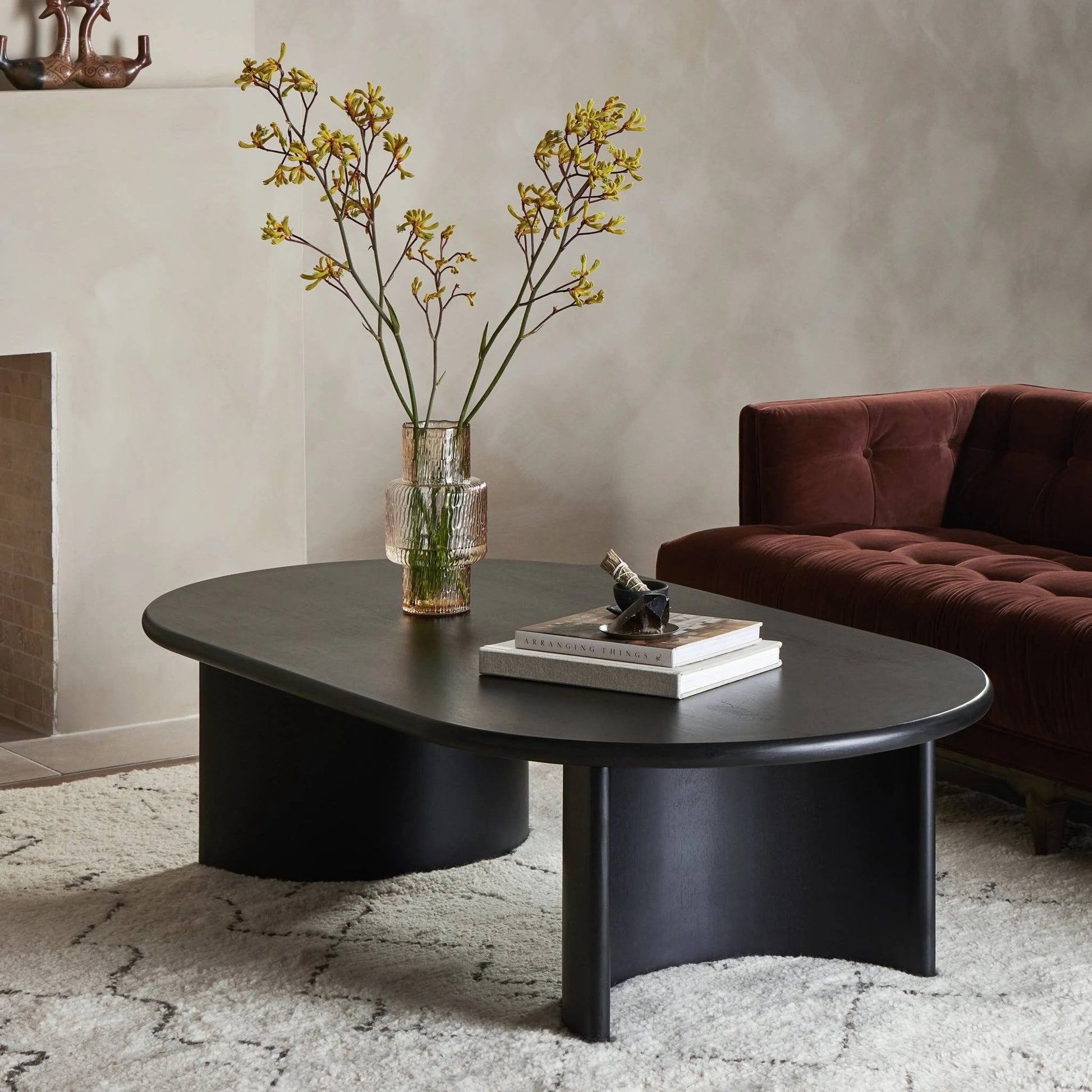 Paden Large Coffee Table by Four Hands in aged black. Made from thin acacia veneer, solid acacia in a modern style.