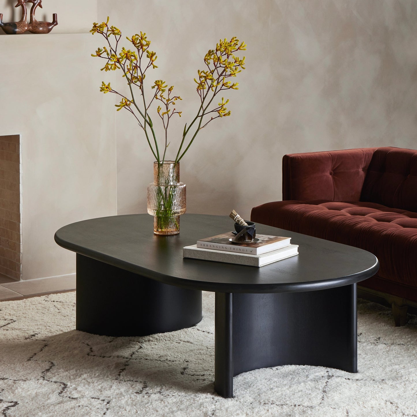 009 SI-2001763 | Lifestyle | Paden Large Coffee Table by Four Hands in aged black. Made from thin acacia veneer, solid acacia in a modern style.