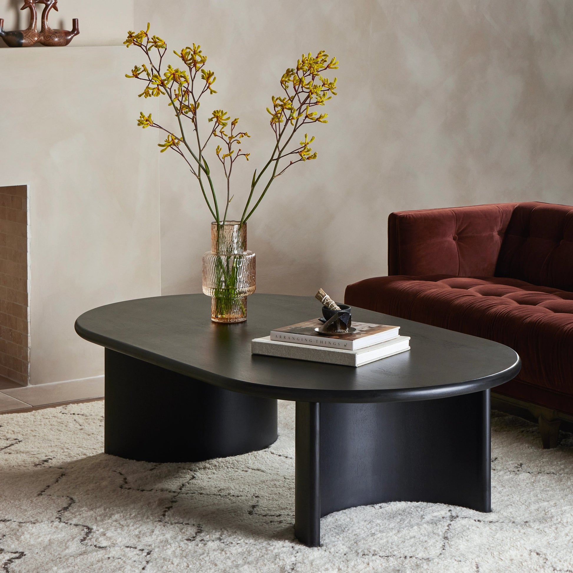 Paden Large Coffee Table by Four Hands in aged black. Made from thin acacia veneer, solid acacia in a modern style.