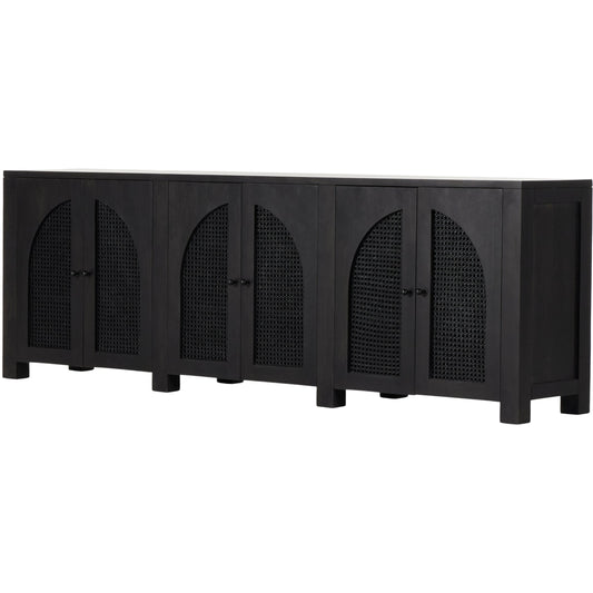 Tilda 6 Door Sideboard by Four Hands in black wash mango. Made from solid mango, iron, cane in a modern style.