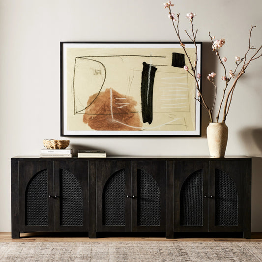 Tilda 6 Door Sideboard by Four Hands in black wash mango. Made from solid mango, iron, cane in a modern style.