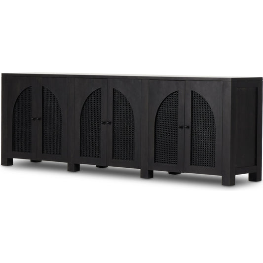Tilda 6 Door Sideboard by Four Hands in black wash mango. Made from solid mango, iron, cane in a modern style.