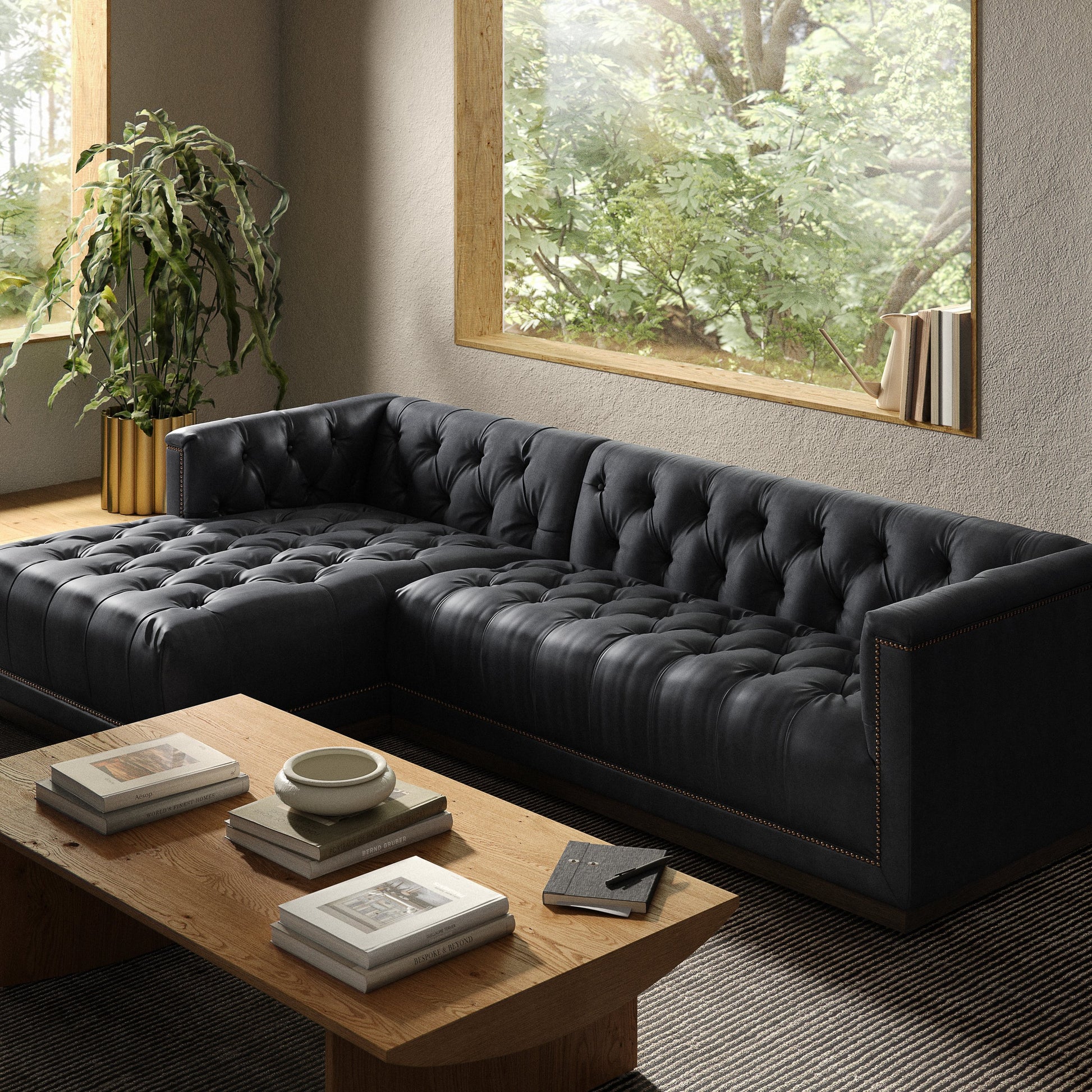 Maxx 2-Piece Sectional by Four Hands in sapphire birch. Made from 92% polyester, 5% cotton, 3% latex, solid parawood, iron in a modern style.