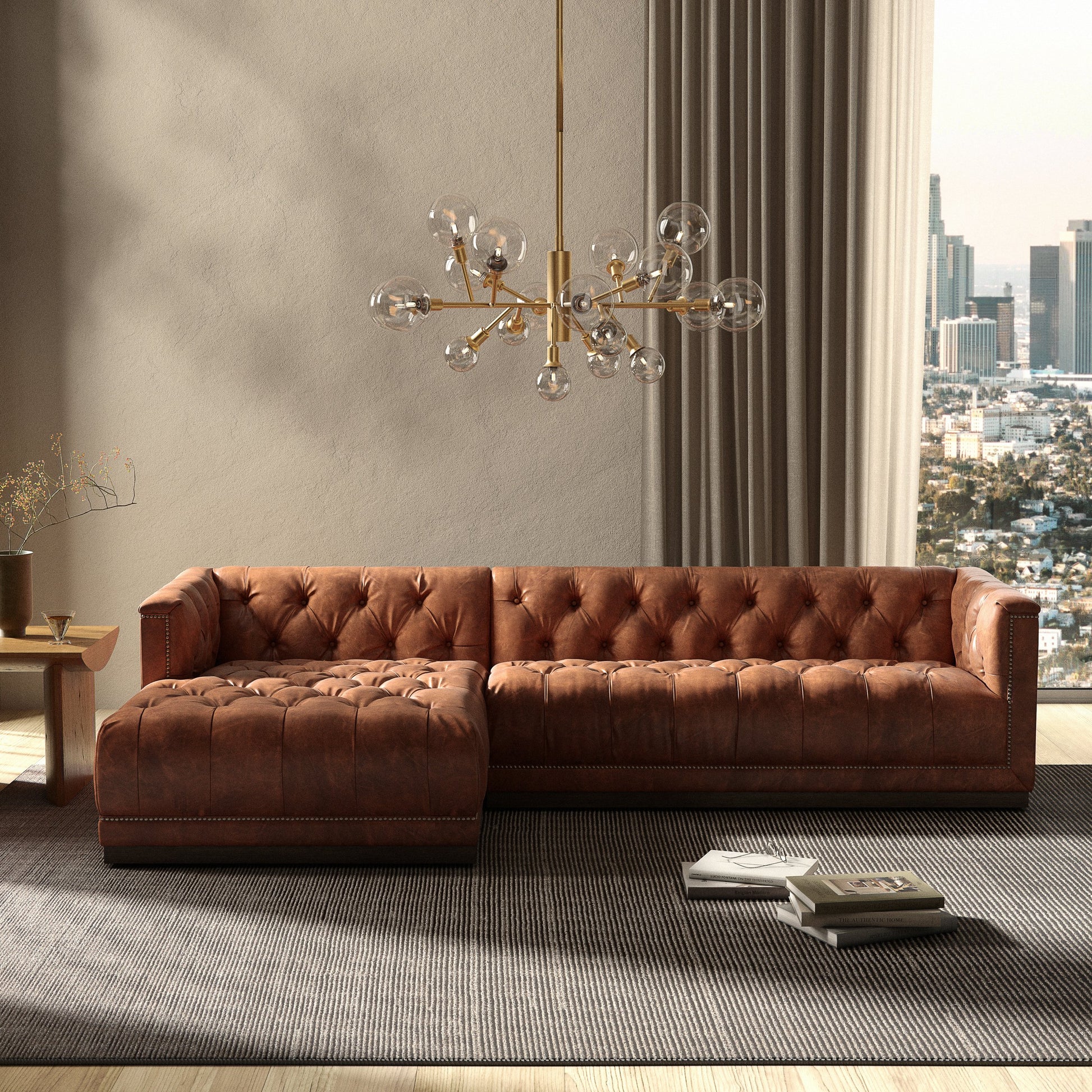 Maxx 2-Piece Sectional by Four Hands in sapphire birch. Made from 92% polyester, 5% cotton, 3% latex, solid parawood, iron in a modern style.