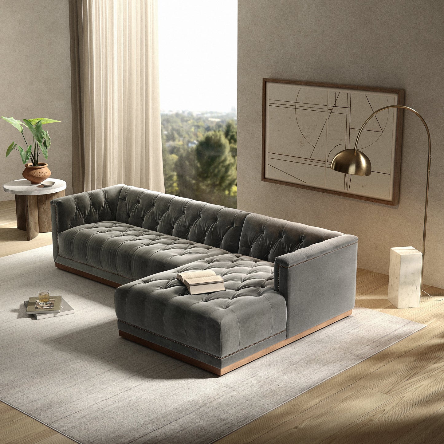 018 SI-1901678 | Lifestyle | Maxx 2-Piece Sectional by Four Hands in sapphire birch. Made from 92% polyester, 5% cotton, 3% latex, solid parawood, iron in a modern style.