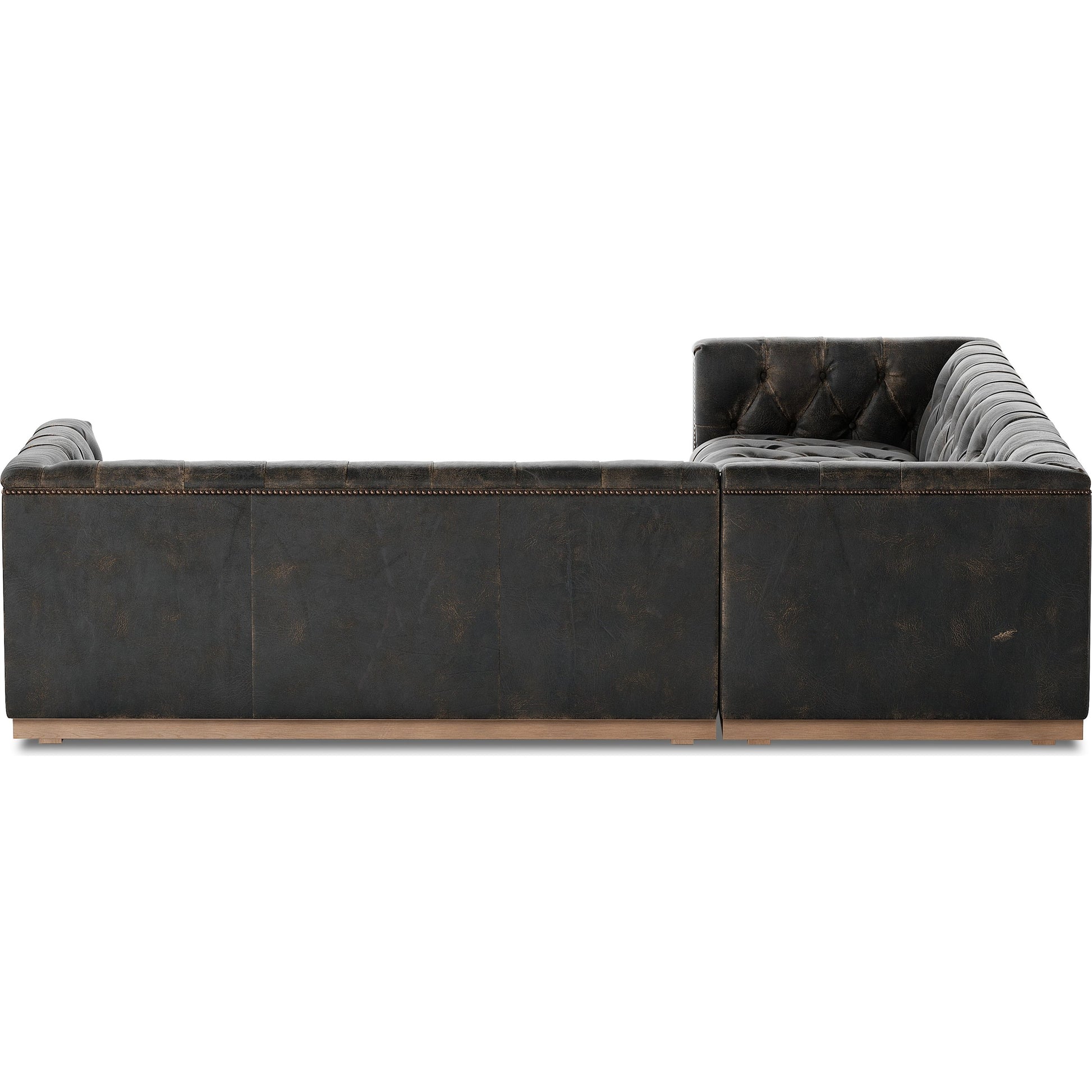 Maxx 3-Piece Sectional by Four Hands in destroyed black, aged bronze nailhead, whitewash. Made from top grain leather, solid parawood, iron in a modern style.