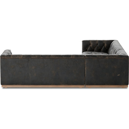 Maxx 3-Piece Sectional by Four Hands in destroyed black, aged bronze nailhead, whitewash. Made from top grain leather, solid parawood, iron in a modern style.