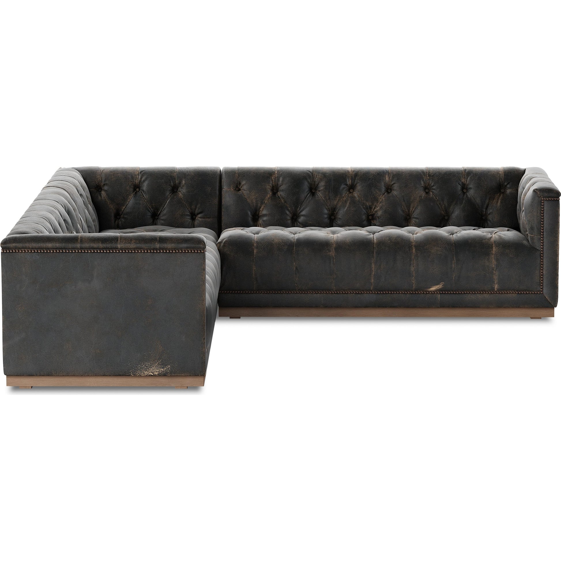 Maxx 3-Piece Sectional by Four Hands in destroyed black, aged bronze nailhead, whitewash. Made from top grain leather, solid parawood, iron in a modern style.