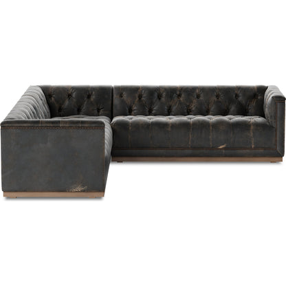 Maxx 3-Piece Sectional by Four Hands in destroyed black, aged bronze nailhead, whitewash. Made from top grain leather, solid parawood, iron in a modern style.