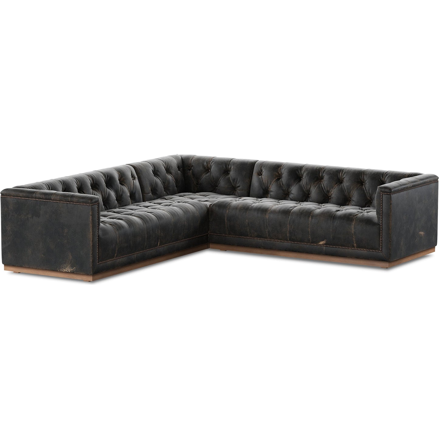 001 SI-1980569 | Primary Silo | Maxx 3-Piece Sectional by Four Hands in destroyed black, aged bronze nailhead, whitewash. Made from top grain leather, solid parawood, iron in a modern style.