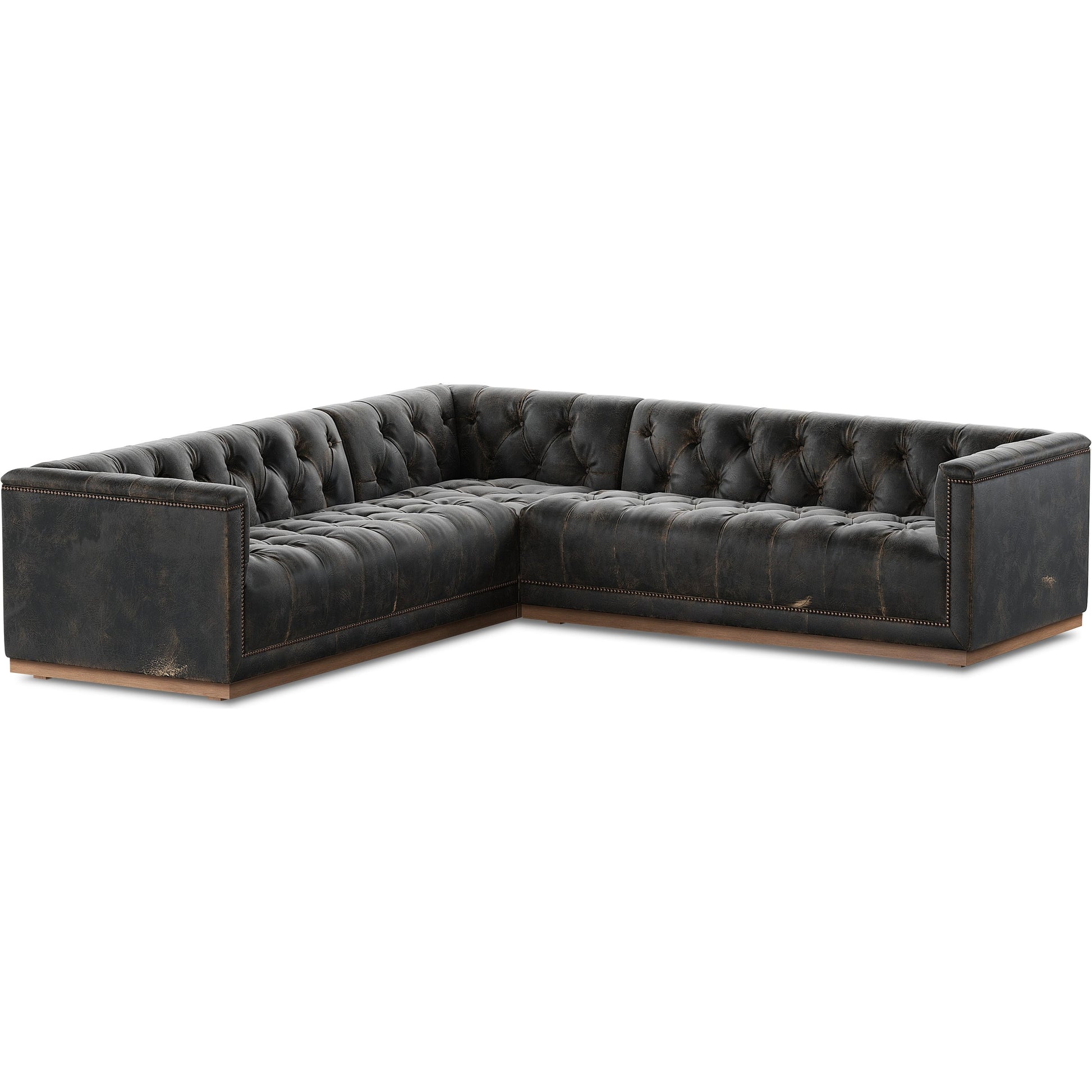 Maxx 3-Piece Sectional by Four Hands in destroyed black, aged bronze nailhead, whitewash. Made from top grain leather, solid parawood, iron in a modern style.