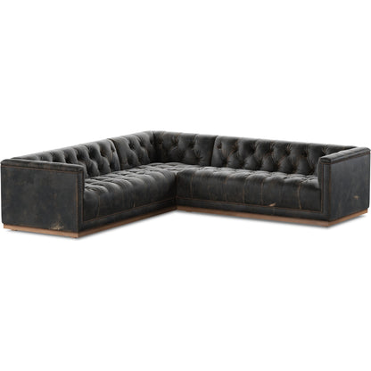 Maxx 3-Piece Sectional by Four Hands in destroyed black, aged bronze nailhead, whitewash. Made from top grain leather, solid parawood, iron in a modern style.