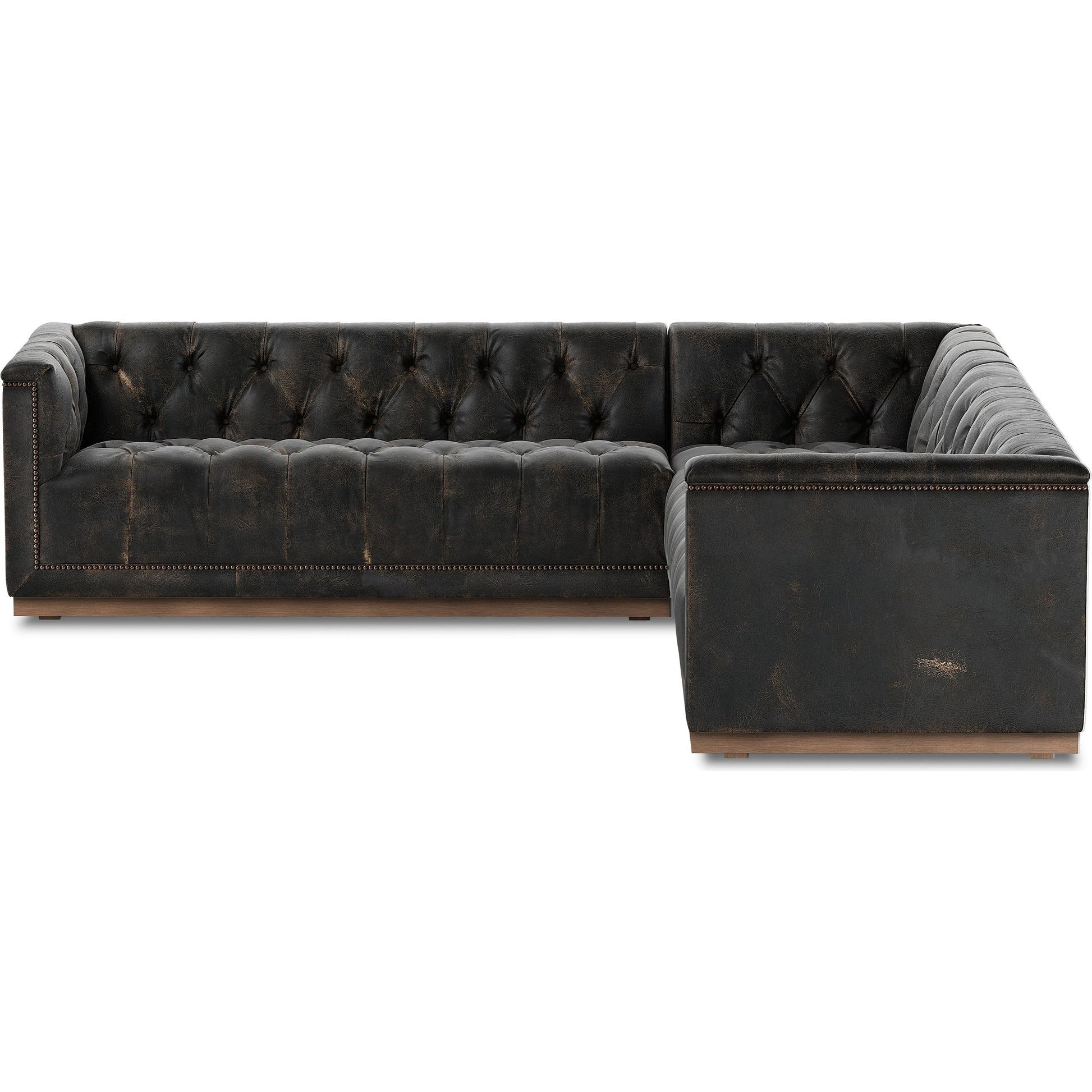 Maxx 3-Piece Sectional by Four Hands in destroyed black, aged bronze nailhead, whitewash. Made from top grain leather, solid parawood, iron in a modern style.