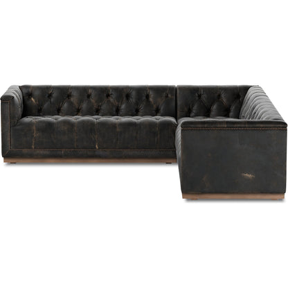 Maxx 3-Piece Sectional by Four Hands in destroyed black, aged bronze nailhead, whitewash. Made from top grain leather, solid parawood, iron in a modern style.