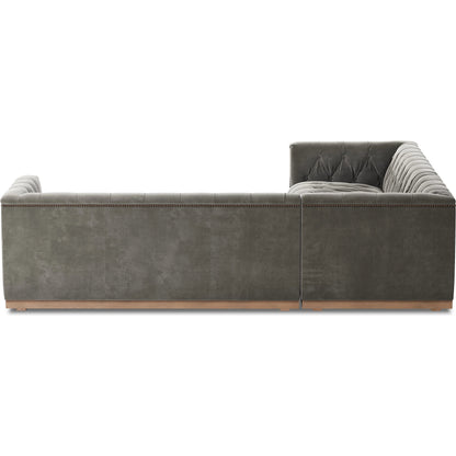 Maxx 3-Piece Sectional by Four Hands in destroyed black, aged bronze nailhead, whitewash. Made from top grain leather, solid parawood, iron in a modern style.