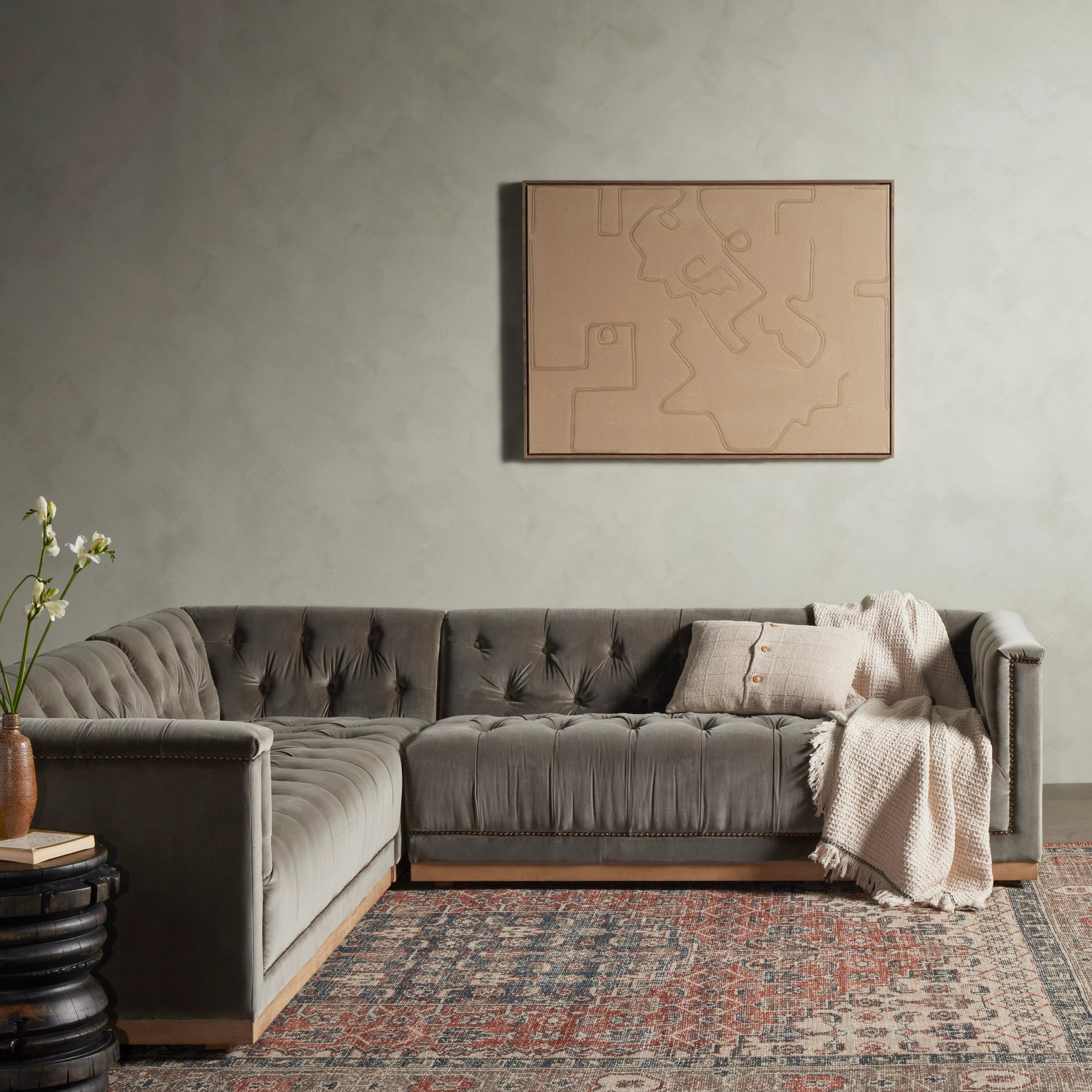 Maxx 3-Piece Sectional by Four Hands in destroyed black, aged bronze nailhead, whitewash. Made from top grain leather, solid parawood, iron in a modern style.