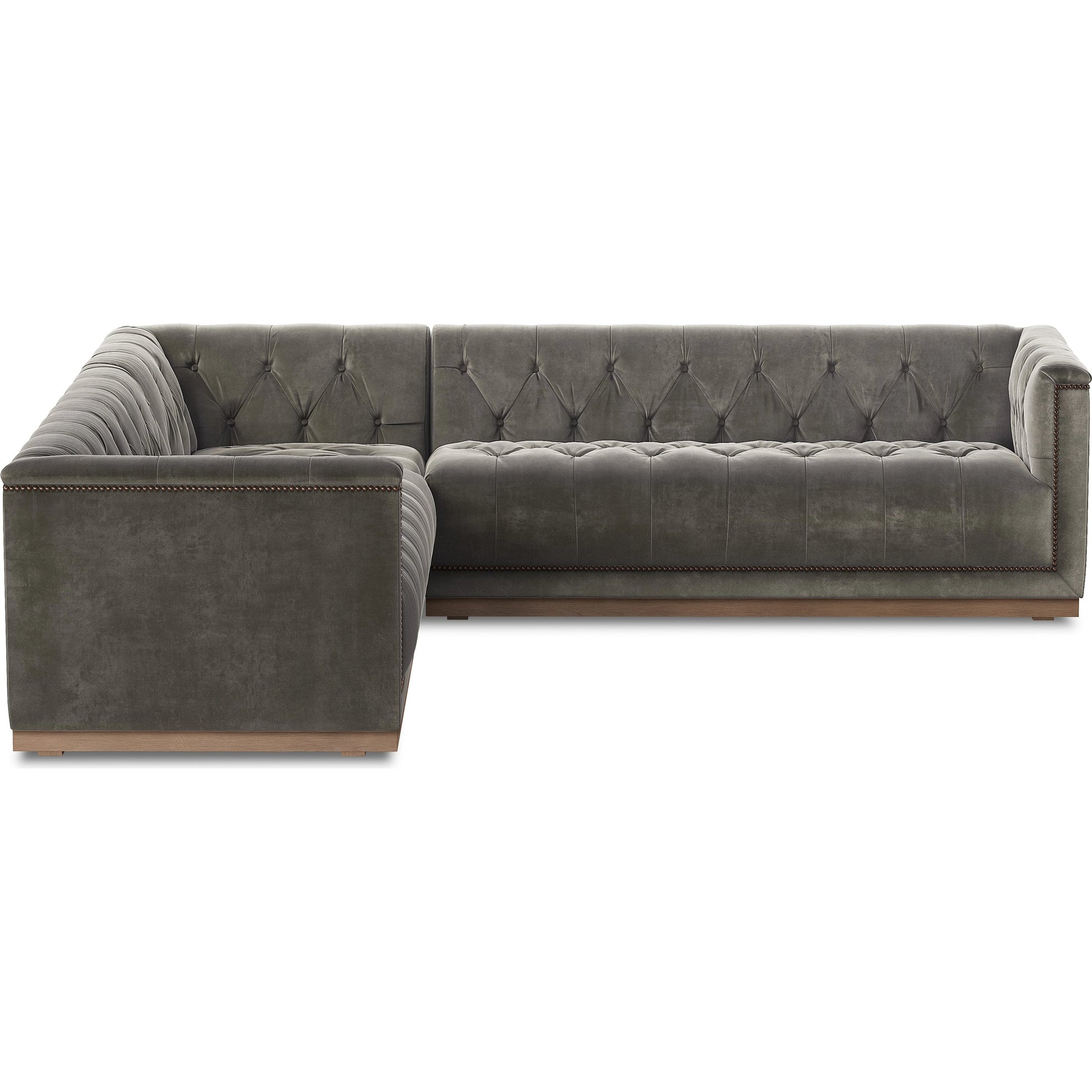 Maxx 3-Piece Sectional by Four Hands in destroyed black, aged bronze nailhead, whitewash. Made from top grain leather, solid parawood, iron in a modern style.
