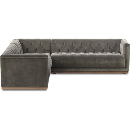 Maxx 3-Piece Sectional by Four Hands in destroyed black, aged bronze nailhead, whitewash. Made from top grain leather, solid parawood, iron in a modern style.