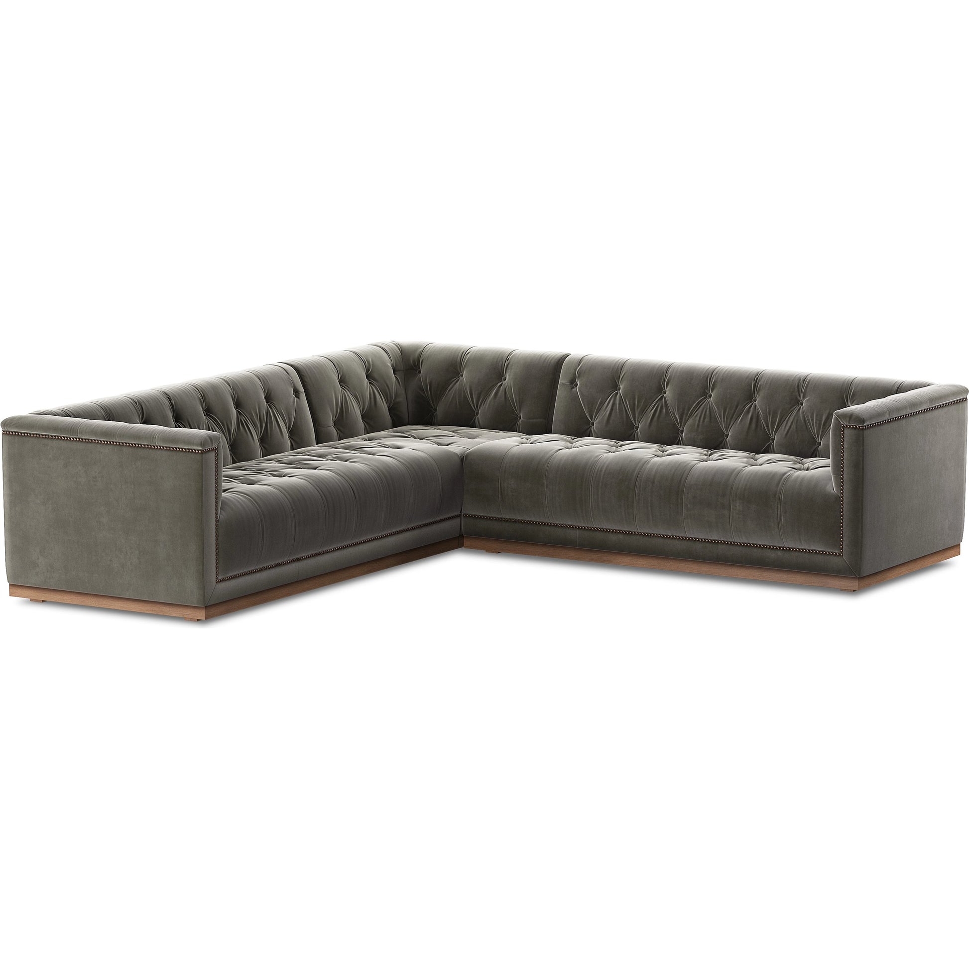 Maxx 3-Piece Sectional by Four Hands in destroyed black, aged bronze nailhead, whitewash. Made from top grain leather, solid parawood, iron in a modern style.