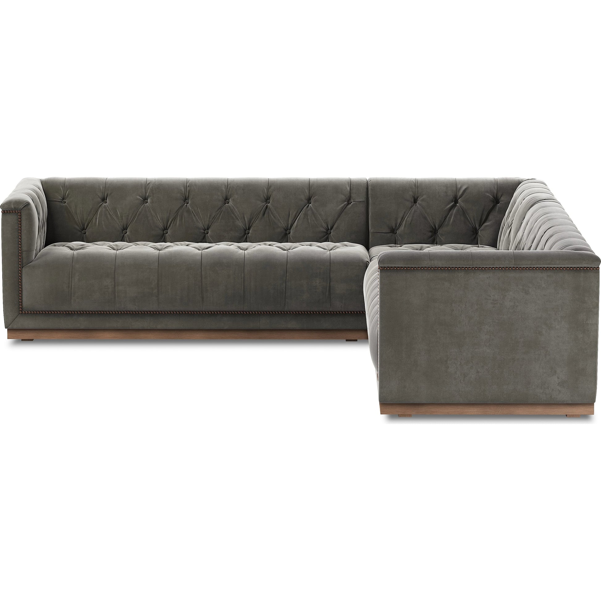 Maxx 3-Piece Sectional by Four Hands in destroyed black, aged bronze nailhead, whitewash. Made from top grain leather, solid parawood, iron in a modern style.