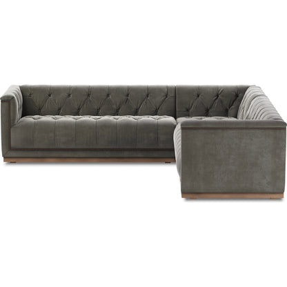 Maxx 3-Piece Sectional by Four Hands in destroyed black, aged bronze nailhead, whitewash. Made from top grain leather, solid parawood, iron in a modern style.