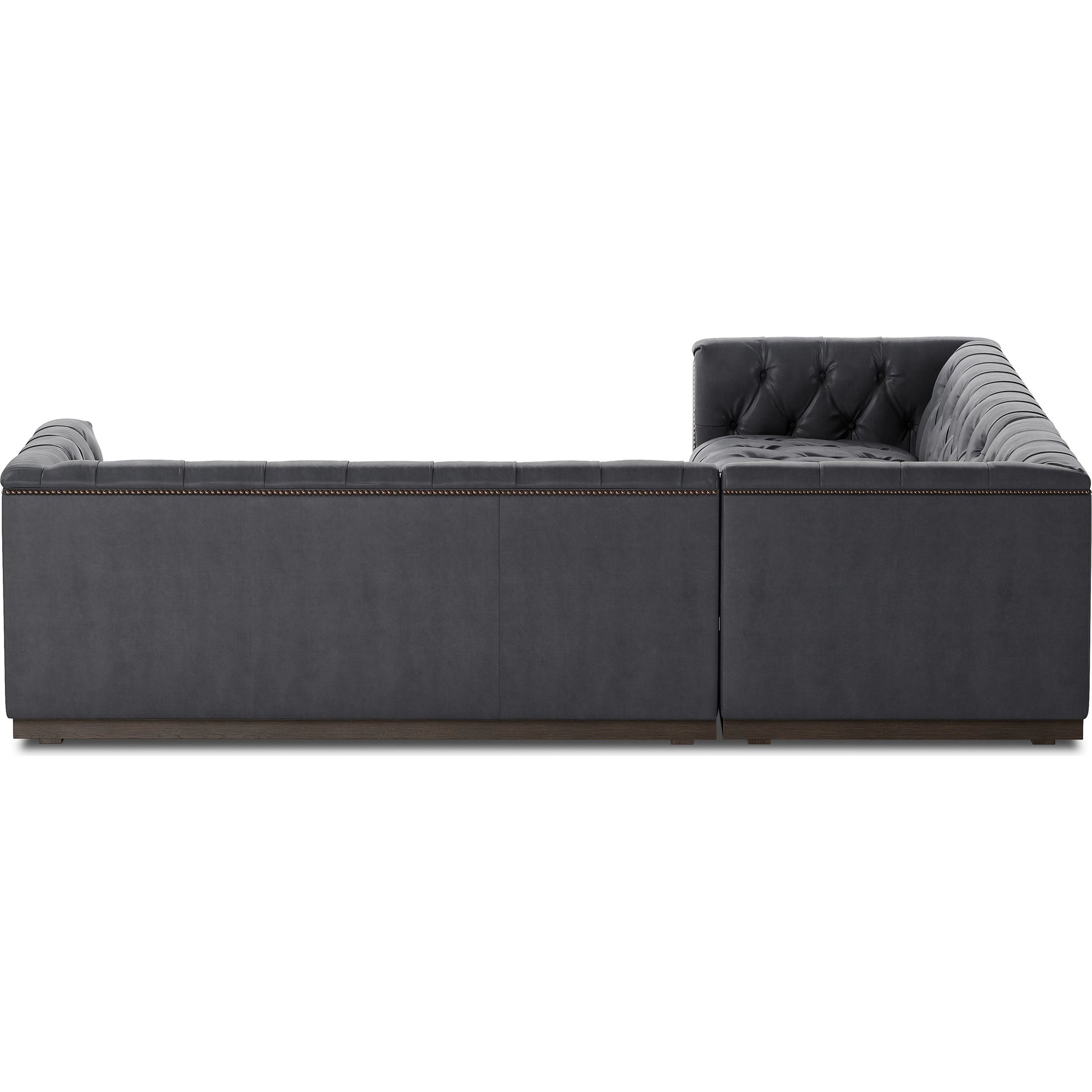 Maxx 3-Piece Sectional by Four Hands in destroyed black, aged bronze nailhead, whitewash. Made from top grain leather, solid parawood, iron in a modern style.
