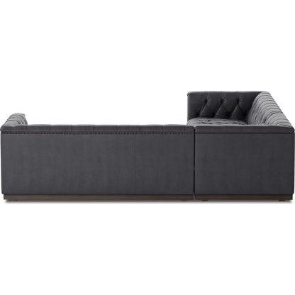 Maxx 3-Piece Sectional by Four Hands in destroyed black, aged bronze nailhead, whitewash. Made from top grain leather, solid parawood, iron in a modern style.