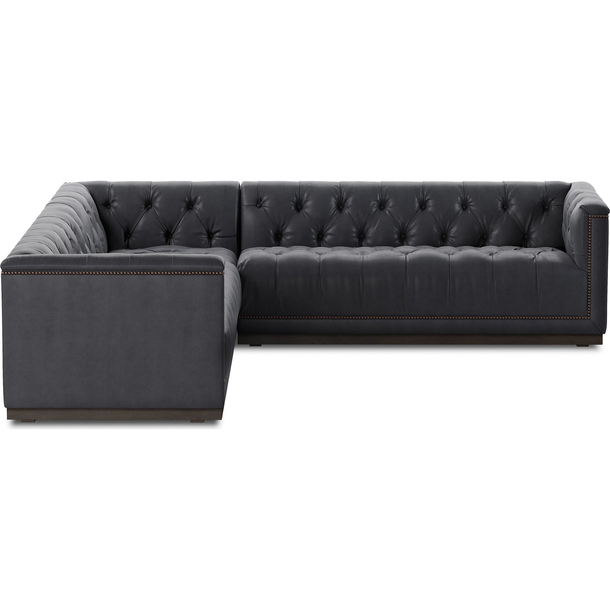 Maxx 3-Piece Sectional by Four Hands in destroyed black, aged bronze nailhead, whitewash. Made from top grain leather, solid parawood, iron in a modern style.