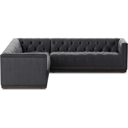 Maxx 3-Piece Sectional by Four Hands in destroyed black, aged bronze nailhead, whitewash. Made from top grain leather, solid parawood, iron in a modern style.