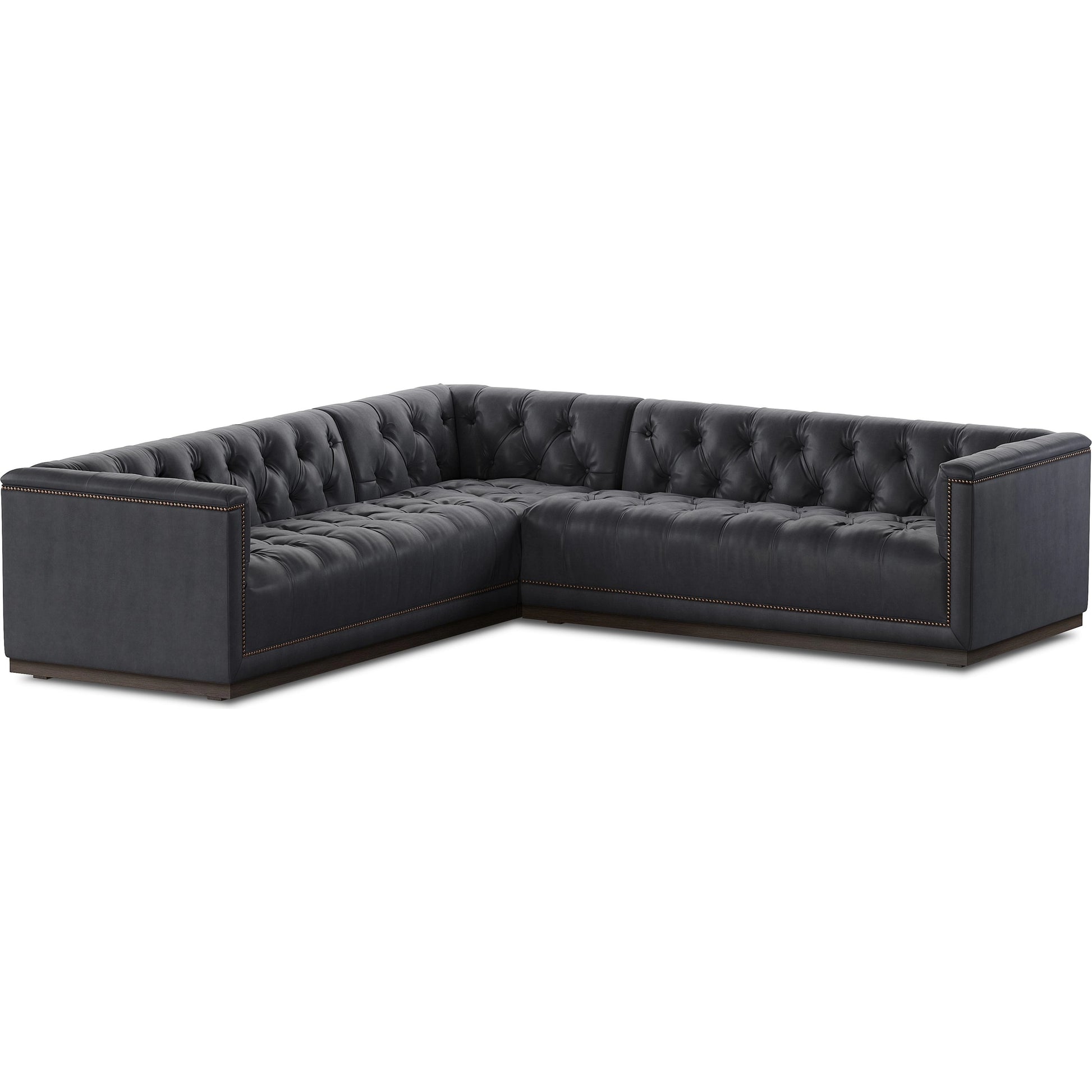 Maxx 3-Piece Sectional by Four Hands in destroyed black, aged bronze nailhead, whitewash. Made from top grain leather, solid parawood, iron in a modern style.