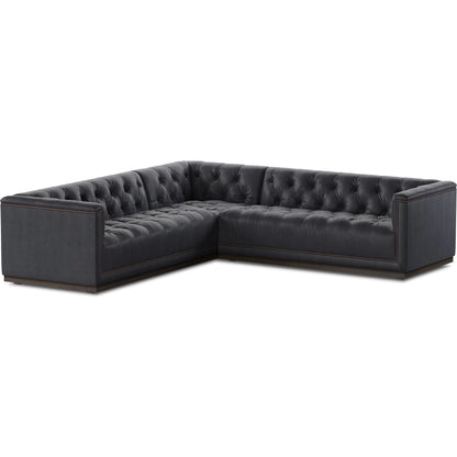 Maxx 3-Piece Sectional by Four Hands in destroyed black, aged bronze nailhead, whitewash. Made from top grain leather, solid parawood, iron in a modern style.