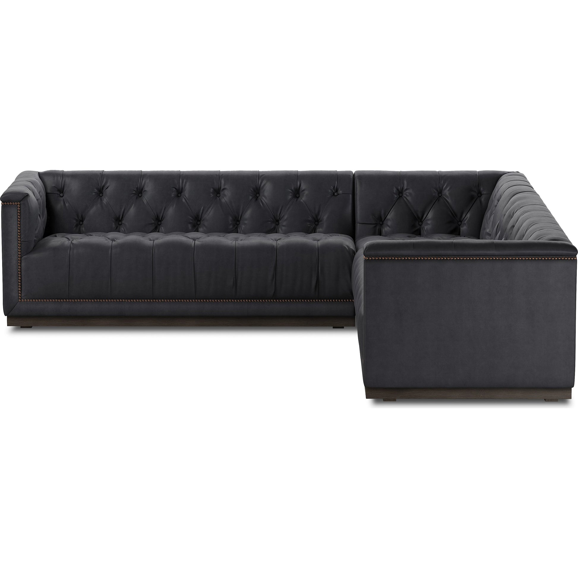 Maxx 3-Piece Sectional by Four Hands in destroyed black, aged bronze nailhead, whitewash. Made from top grain leather, solid parawood, iron in a modern style.