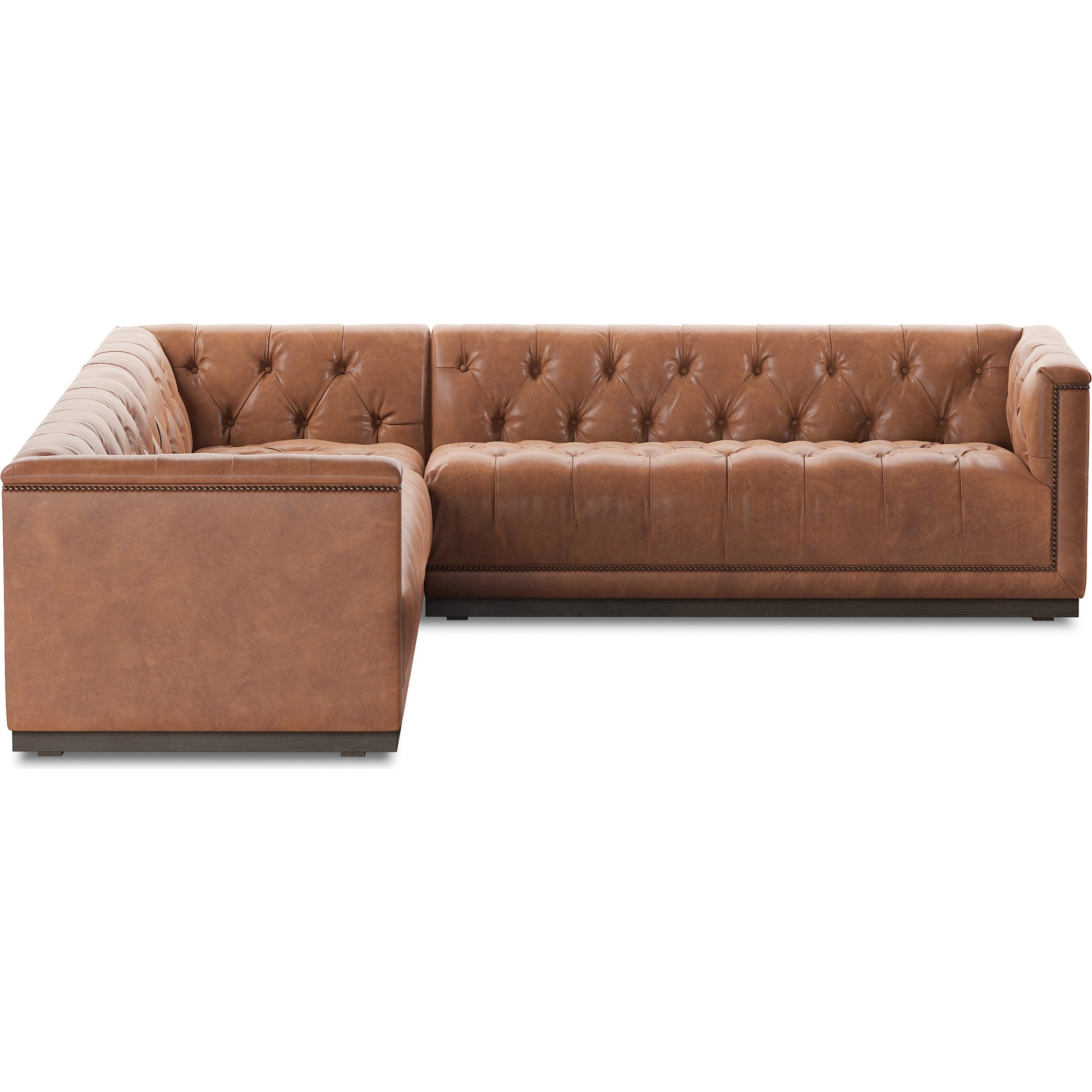 Maxx 3-Piece Sectional by Four Hands in destroyed black, aged bronze nailhead, whitewash. Made from top grain leather, solid parawood, iron in a modern style.