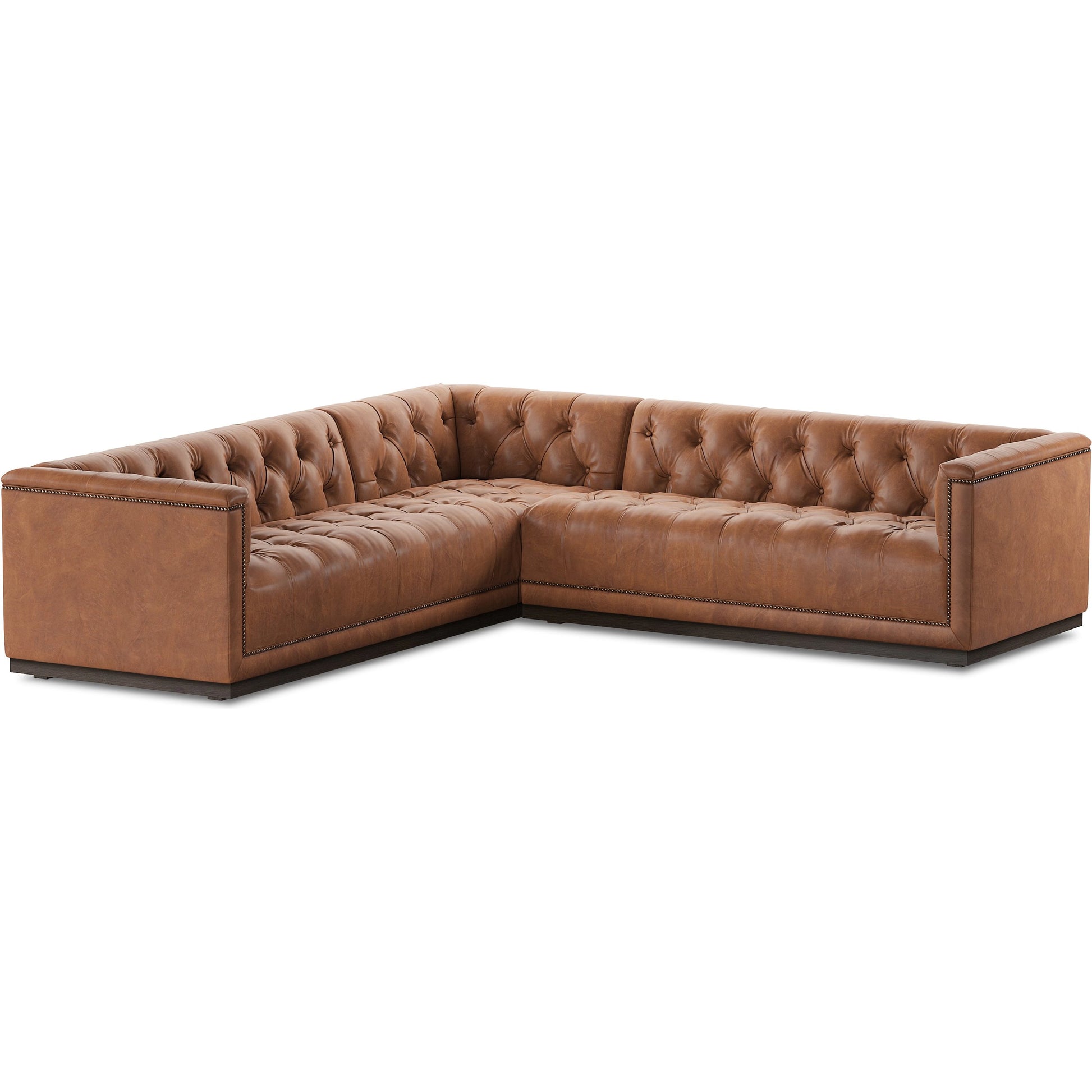 Maxx 3-Piece Sectional by Four Hands in destroyed black, aged bronze nailhead, whitewash. Made from top grain leather, solid parawood, iron in a modern style.