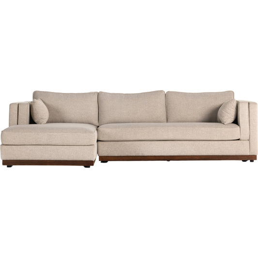 Lawrence 2-Piece Sectional with Chaise by Four Hands in nova taupe. Made from 100% polyester, solid rosa morada, solid pine in a modern style.