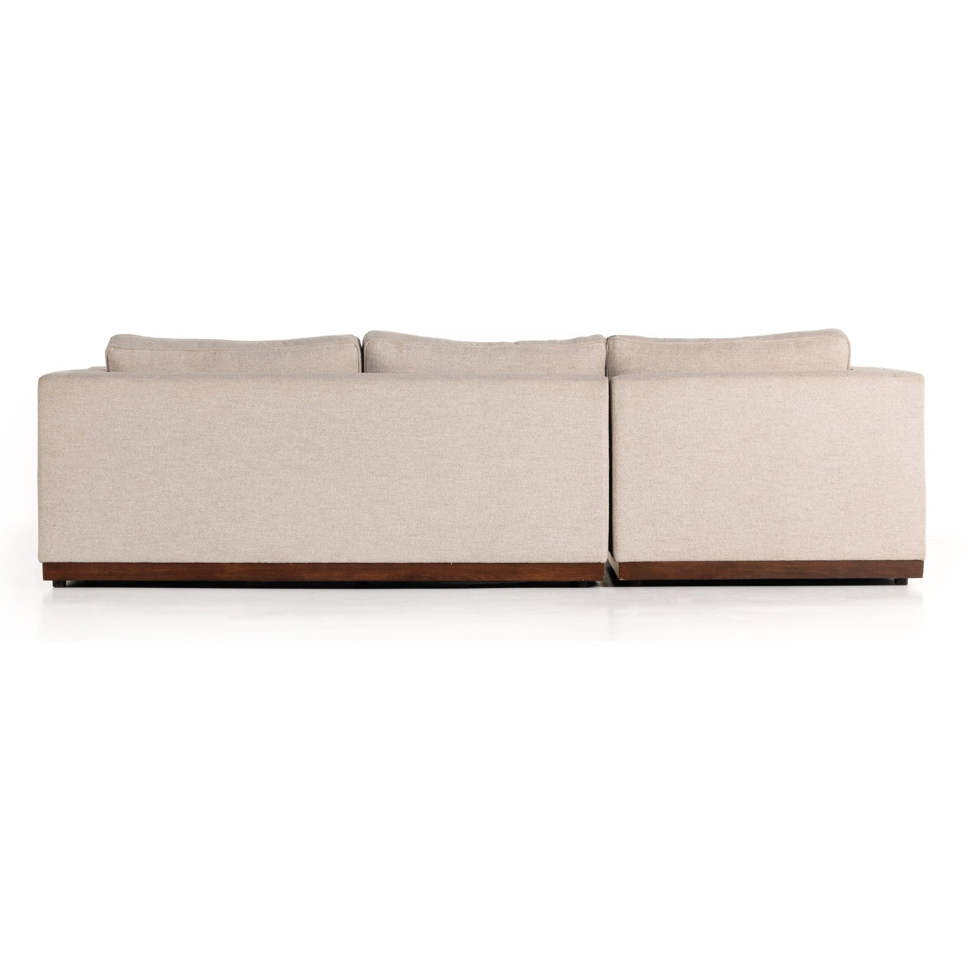 Lawrence 2-Piece Sectional with Chaise by Four Hands in nova taupe. Made from 100% polyester, solid rosa morada, solid pine in a modern style.