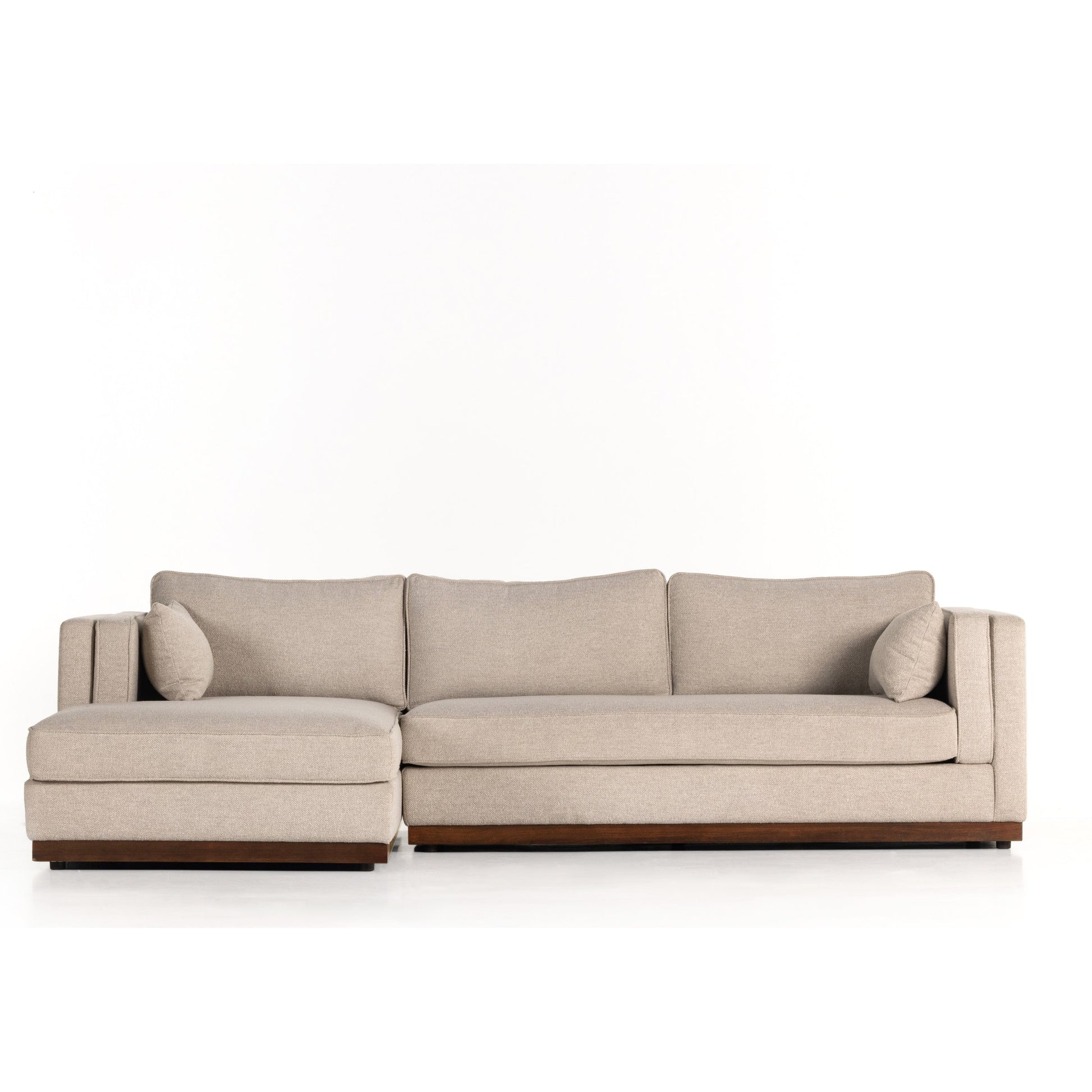 Lawrence 2-Piece Sectional with Chaise by Four Hands in nova taupe. Made from 100% polyester, solid rosa morada, solid pine in a modern style.
