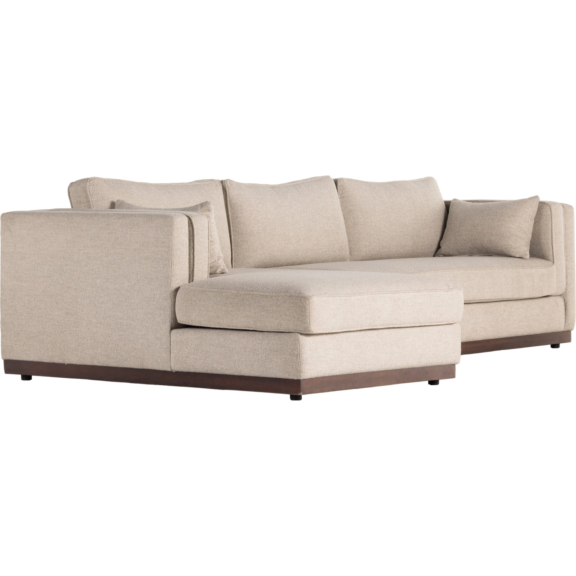 Lawrence 2-Piece Sectional with Chaise by Four Hands in nova taupe. Made from 100% polyester, solid rosa morada, solid pine in a modern style.