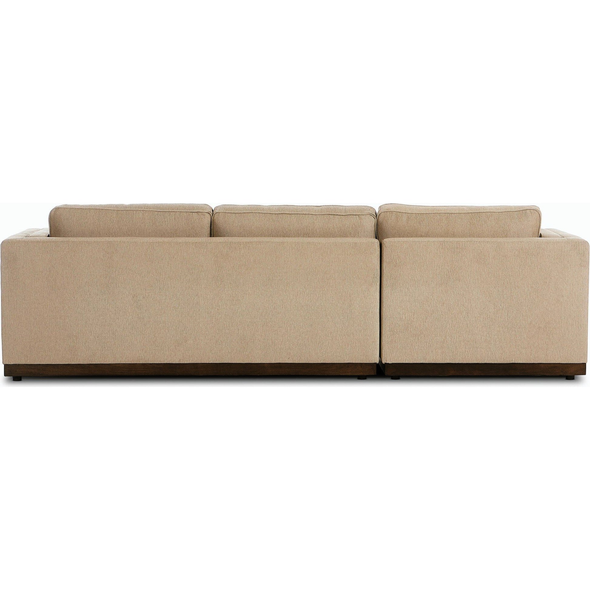 Lawrence 2-Piece Sectional with Chaise by Four Hands in nova taupe. Made from 100% polyester, solid rosa morada, solid pine in a modern style.