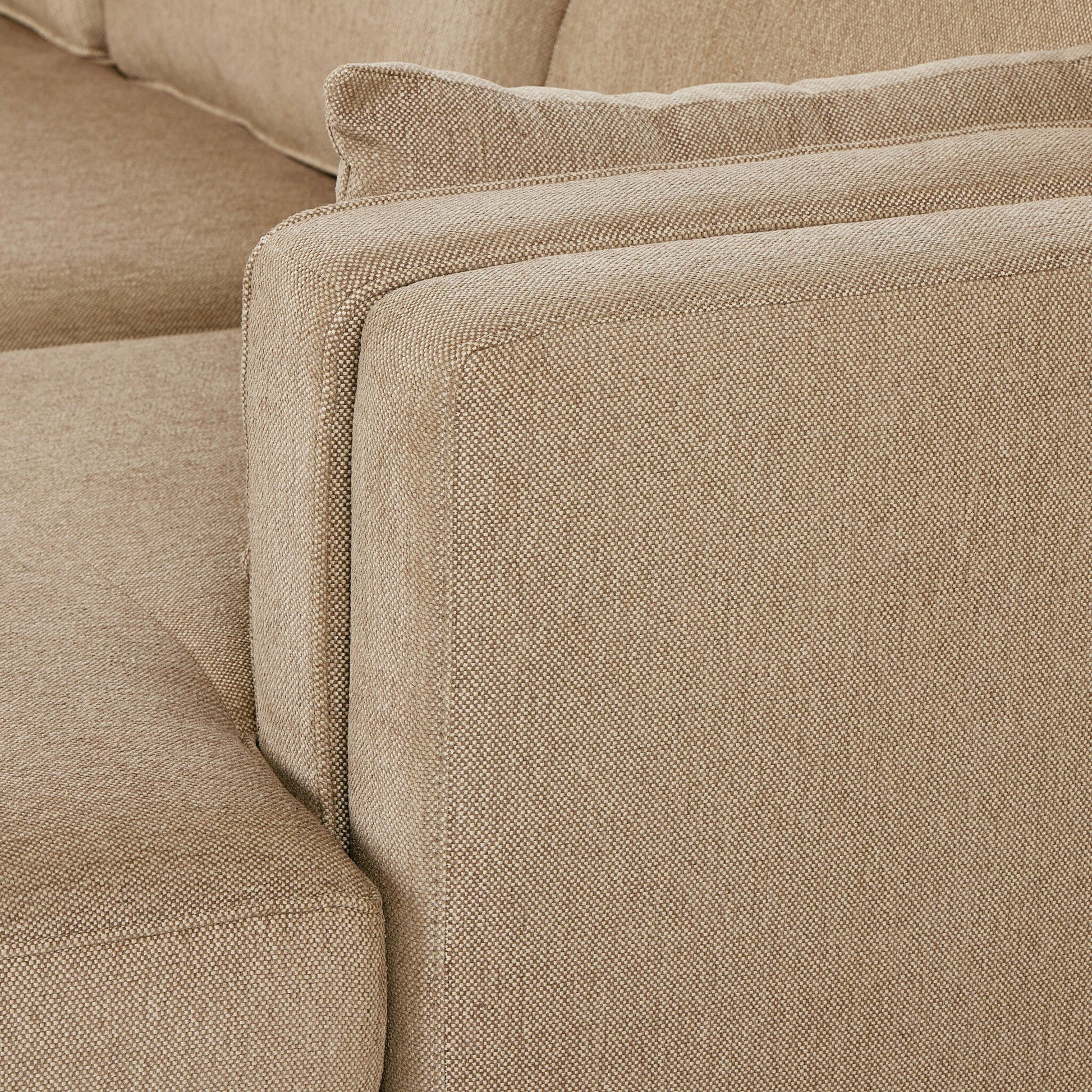 Lawrence 2-Piece Sectional with Chaise by Four Hands in nova taupe. Made from 100% polyester, solid rosa morada, solid pine in a modern style.