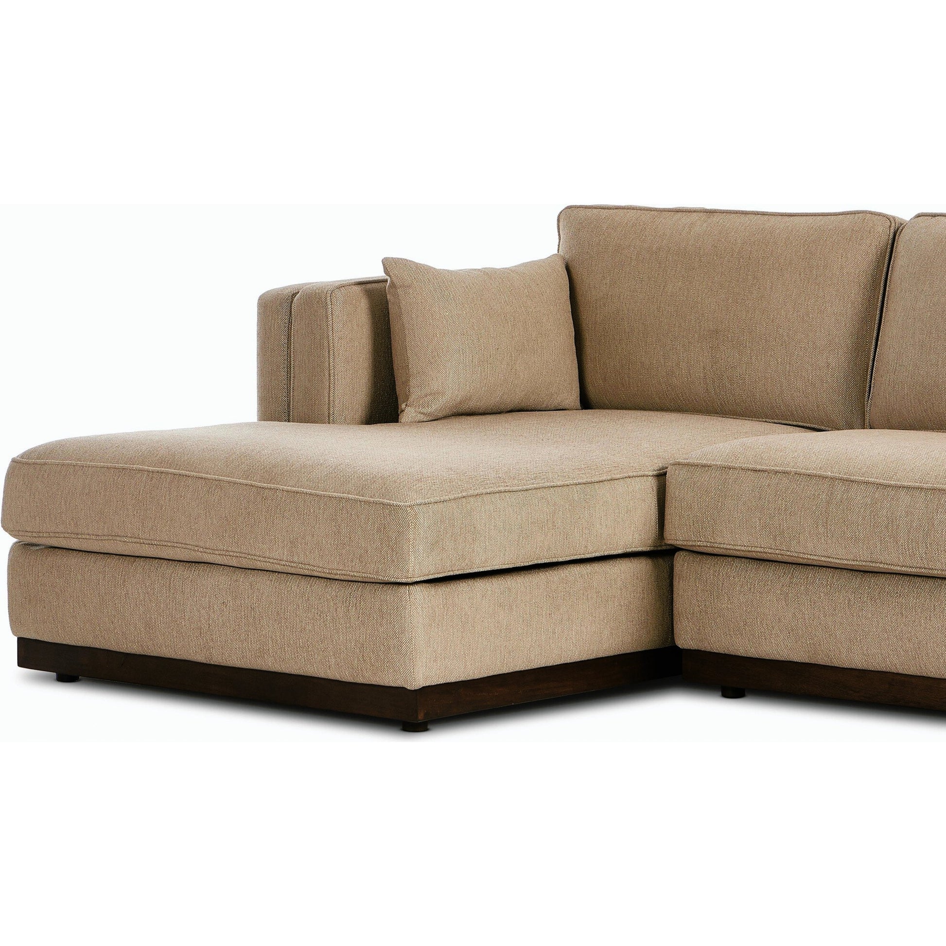 Lawrence 2-Piece Sectional with Chaise by Four Hands in nova taupe. Made from 100% polyester, solid rosa morada, solid pine in a modern style.