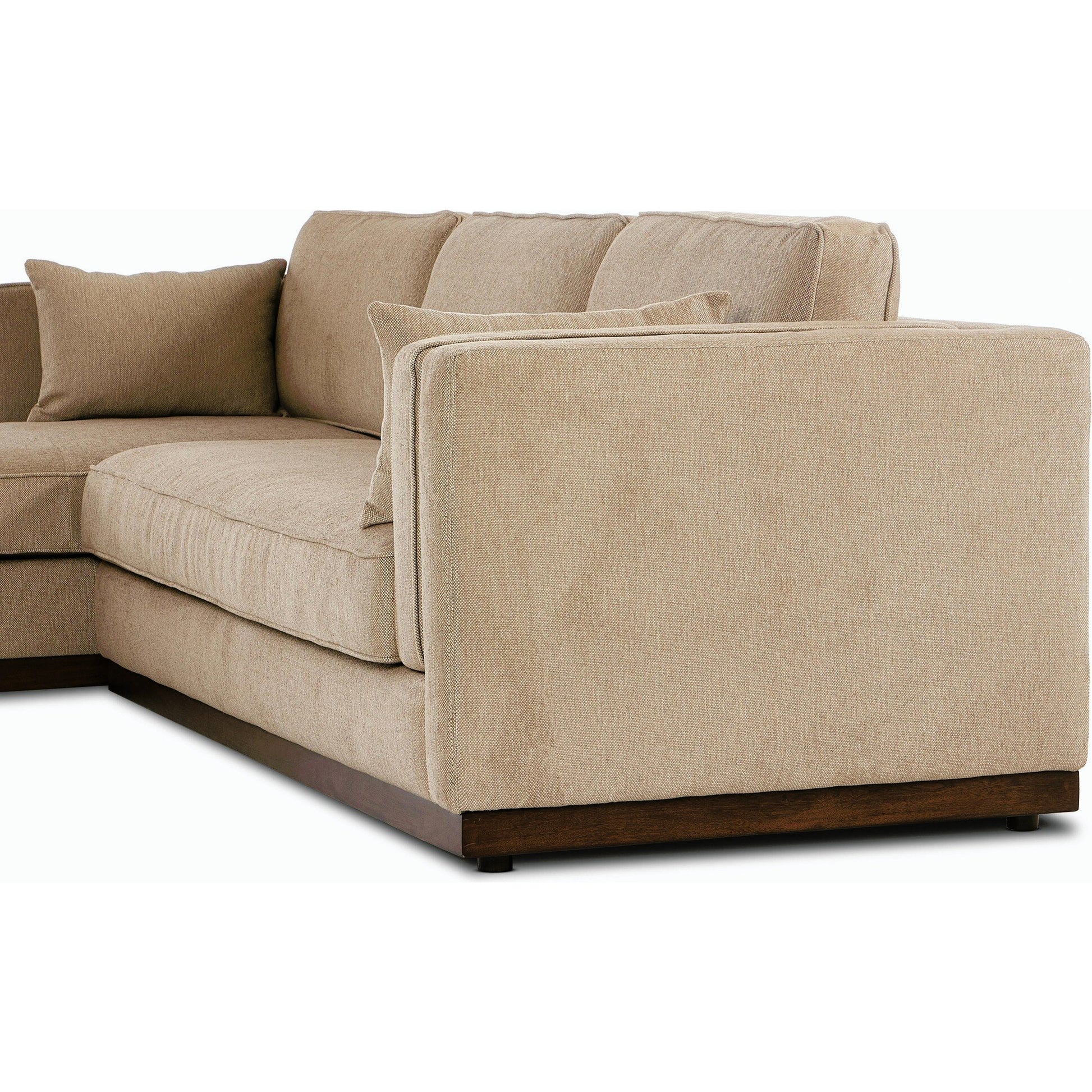 Lawrence 2-Piece Sectional with Chaise by Four Hands in nova taupe. Made from 100% polyester, solid rosa morada, solid pine in a modern style.