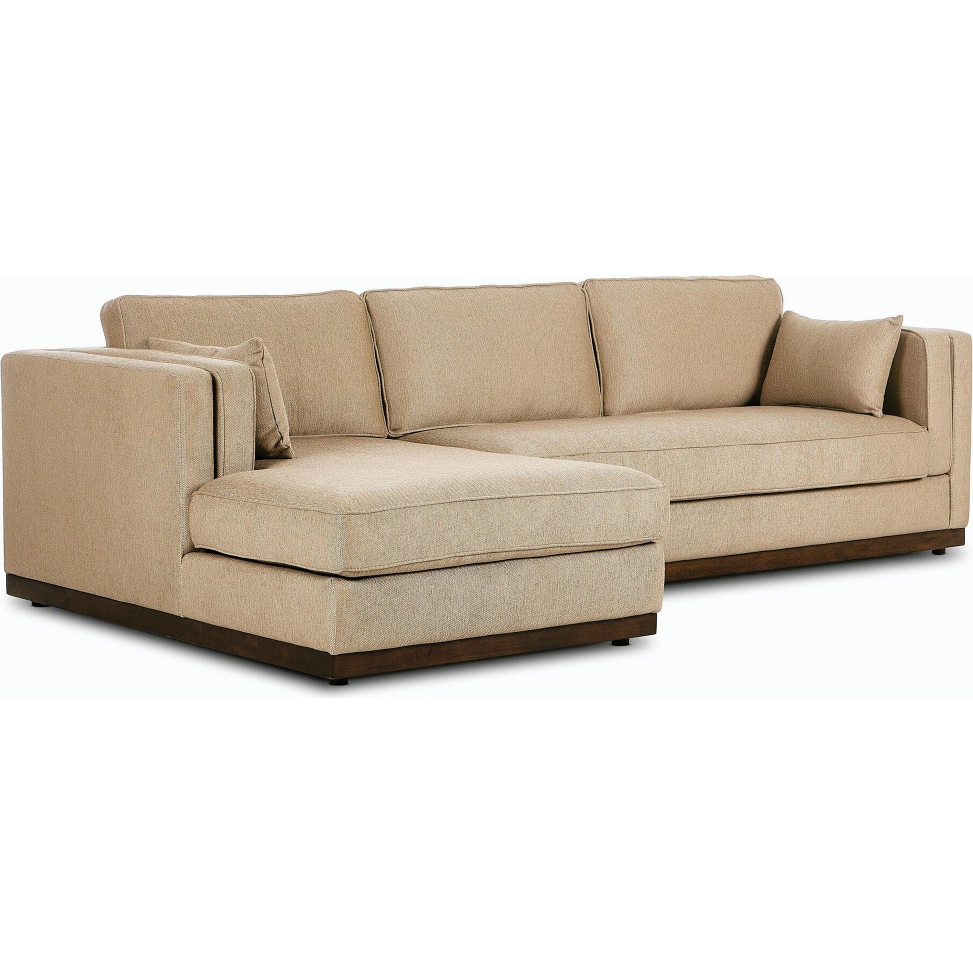 Lawrence 2-Piece Sectional with Chaise by Four Hands in nova taupe. Made from 100% polyester, solid rosa morada, solid pine in a modern style.