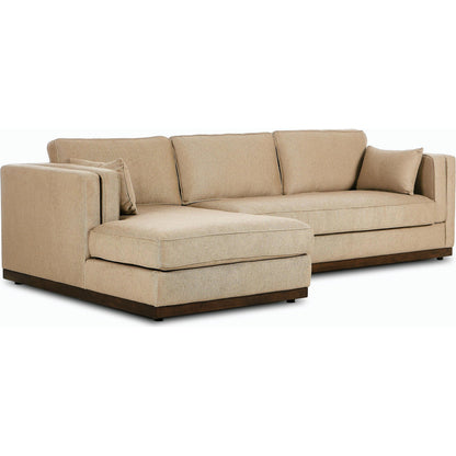 Lawrence 2-Piece Sectional with Chaise by Four Hands in nova taupe. Made from 100% polyester, solid rosa morada, solid pine in a modern style.
