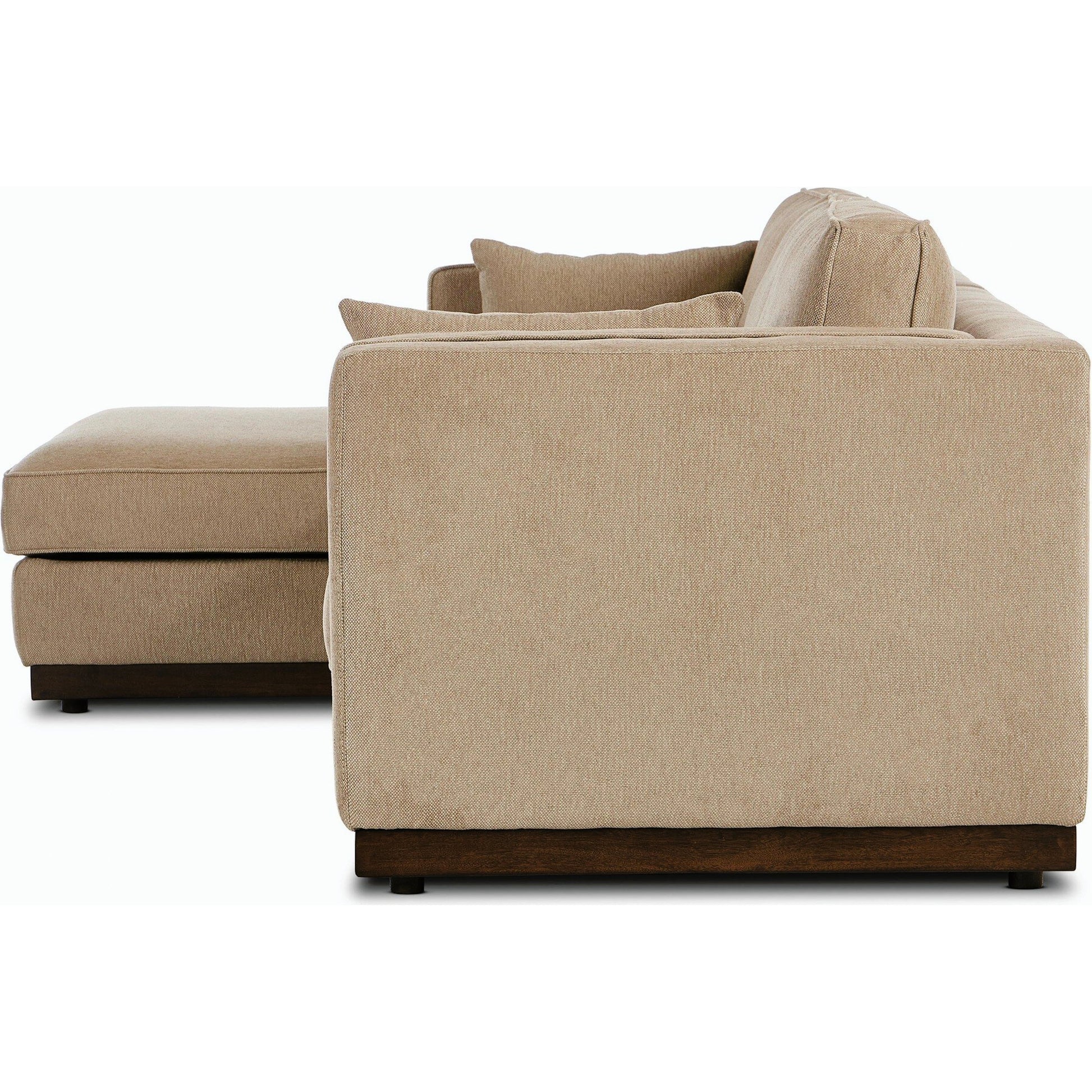 Lawrence 2-Piece Sectional with Chaise by Four Hands in nova taupe. Made from 100% polyester, solid rosa morada, solid pine in a modern style.